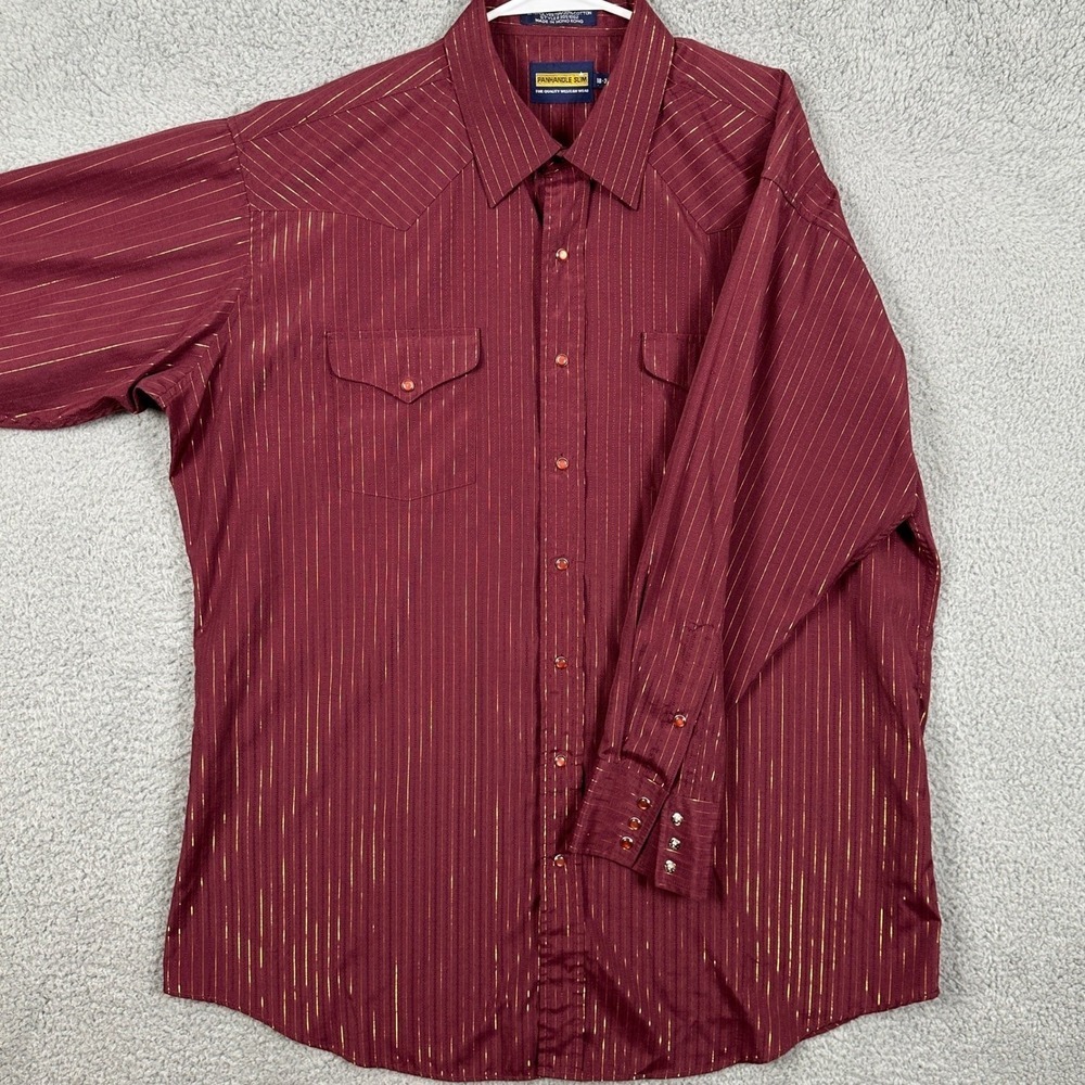 Panhandle Slim Shirt Western Mens 18-35 Maroon Stripe Dress Pearl Snap Button Up